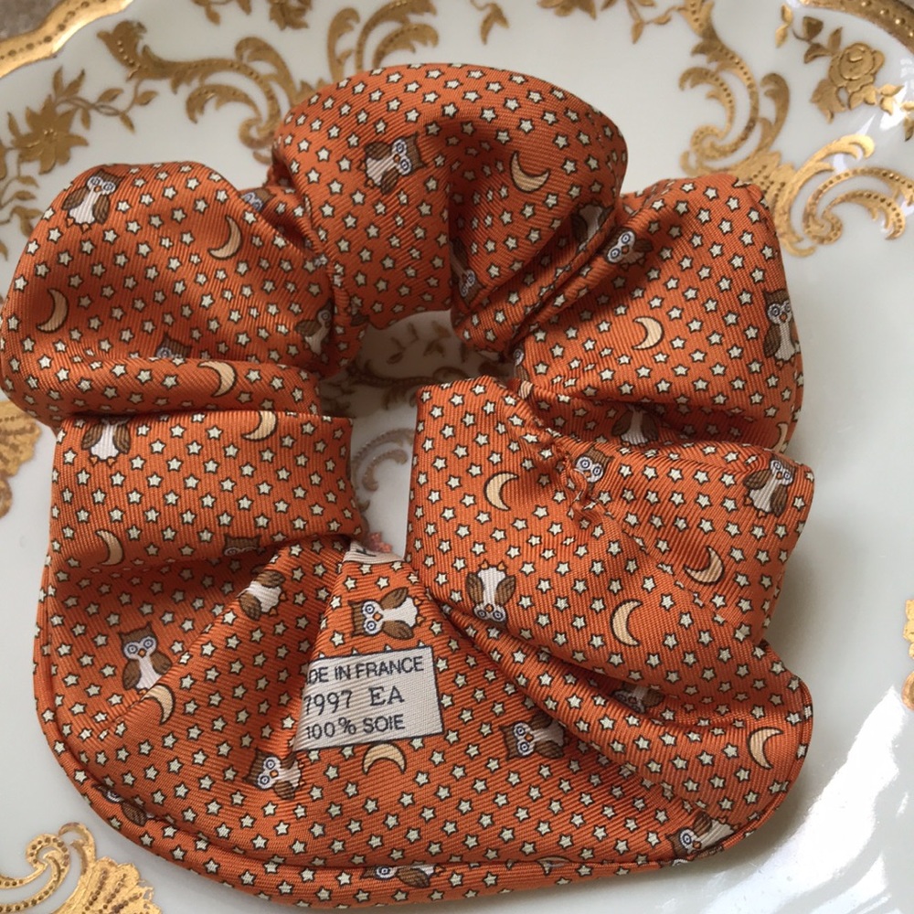 Hermes Orange Silk Scrunchie with Moon Owl & Star Motif